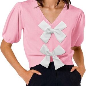 Pink Puff Sleeve Sweater with White Bows